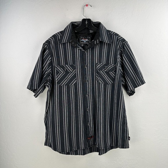 Fender Rock & Roll Religion Shirt Men XL Black Pinstriped Short Sleeve Button Up - Picture 1 of 11
